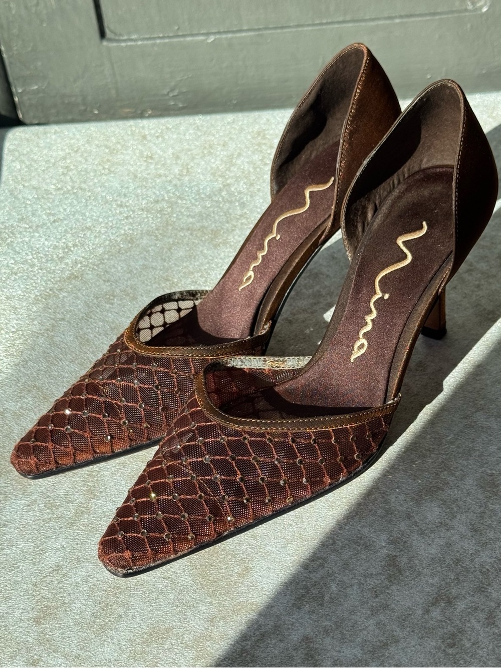 Nina Saba Bronze Rhinestone Mesh D’Orsay Heels Y2K Size 6M